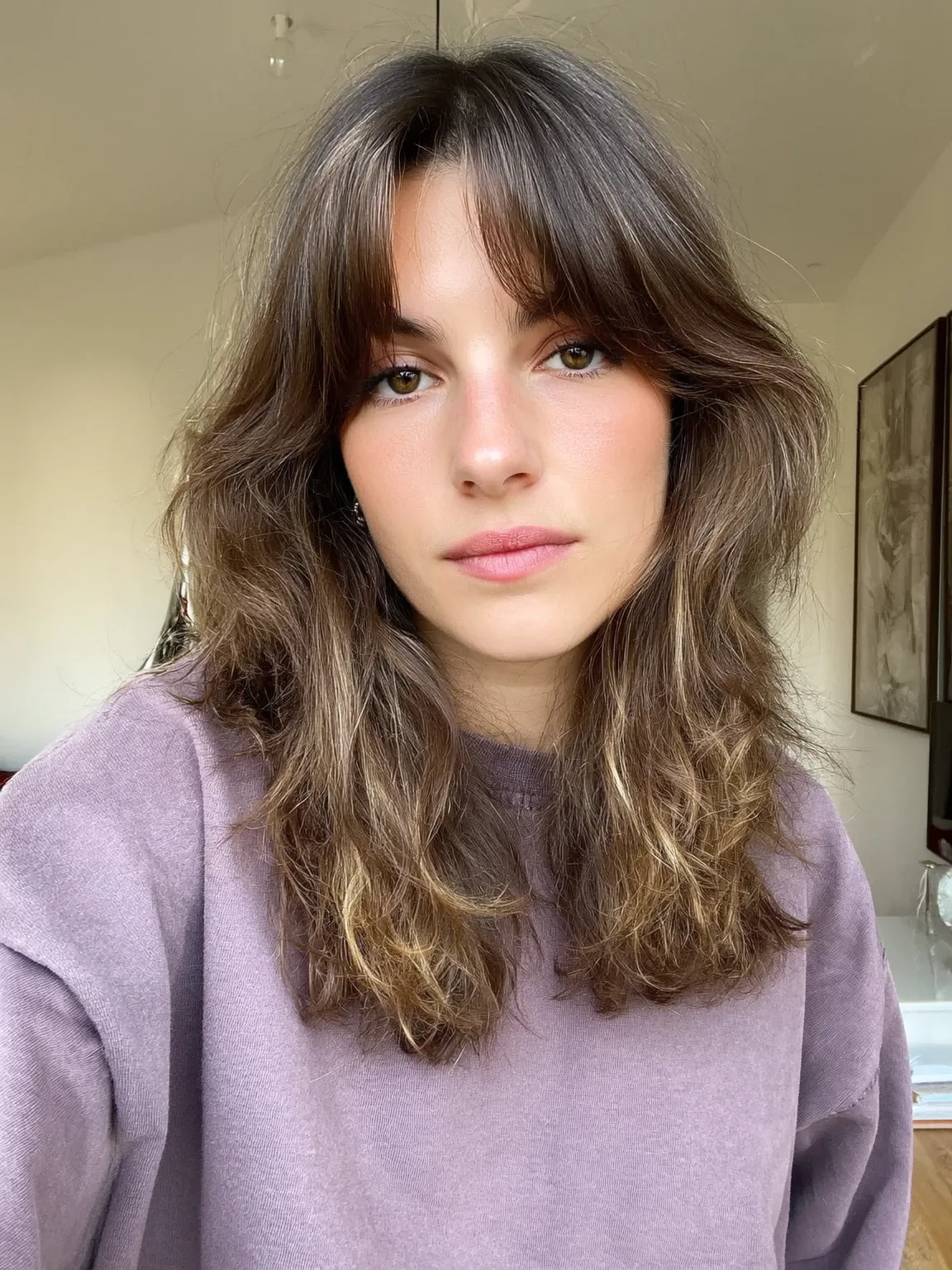 Textured Shag with Curtain Bangs in Golden Brown